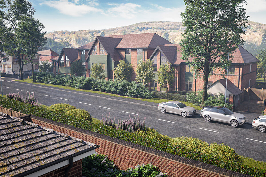 Architectural illustration of a modern brick building with a sloped roof, surrounded by lush greenery, parked cars in the foreground, and hills in the background under a clear sky