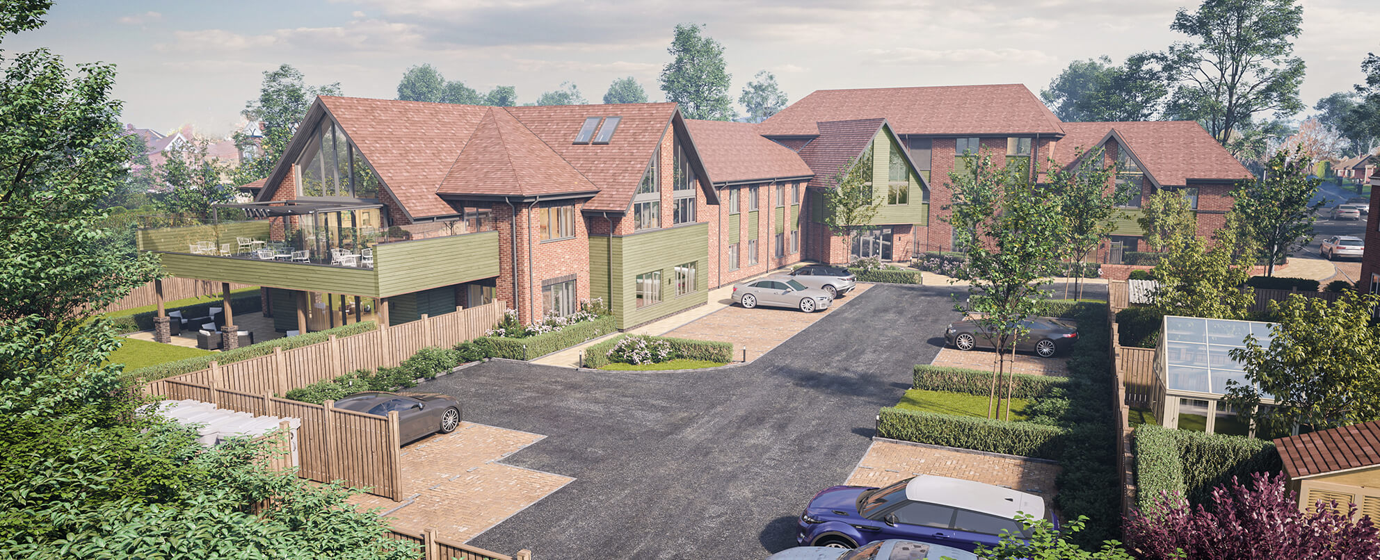 Architectural illustration of modern building  with gabled roofs and balcony with a car park,  surrounded by lush greenery under a clear sky