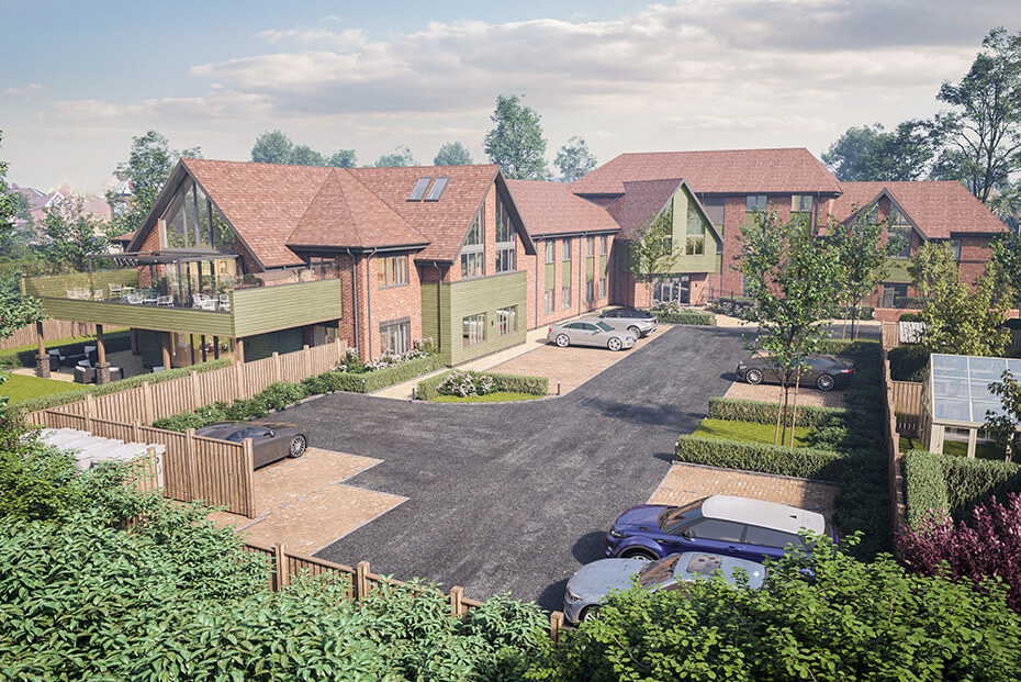 Architectural illustration of modern building  with gabled roofs and balcony with a car park,  surrounded by lush greenery under a clear sky